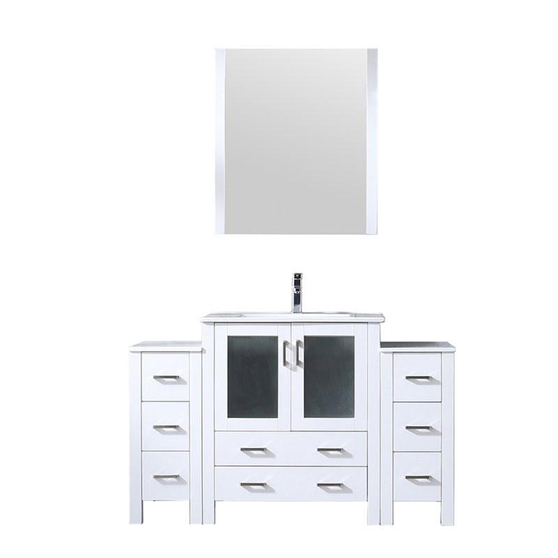 Meuble-lavabo blanc 54 po W avec armoires latérales, robinet, plateau en céramique et miroir mural de 28 po - Résistance aux égratignures durable pour une surface suspendue à un trou