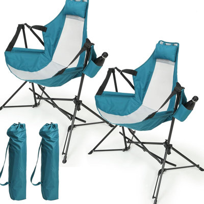 Chaise de camping hamac, chaise berçante pliante portative, chaise pivotante à dossier réglable en alliage d'aluminium avec porte-gobelet d'oreiller, fauteuil inclinable avec sac de transport pour la cour extérieure, bleu (2 pièces)