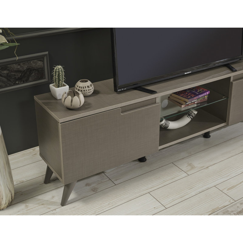 Meuble télé brun en bois massif de 66 po de style Mid-Century moderne avec 2 armoires à portes et 1 étagère en verre, Brun