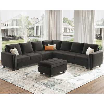 Skerl 7 - Piece Large L Shaped Velvet Modular Sofa Living room Corner Sofa Sectional Couch with Storage Ottoman