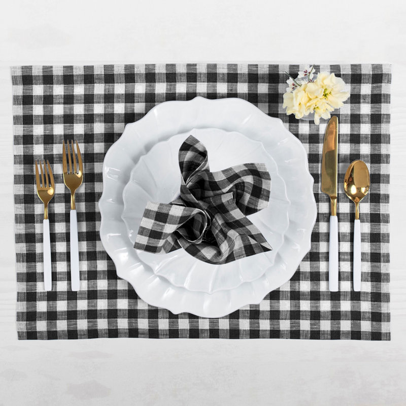 Gingham Check - 100% Pure Linen Dinner Napkins, Black