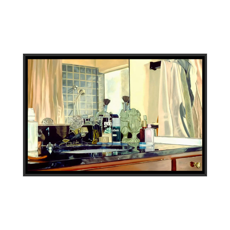 «Bathroom Frogs», reproduction d'art sur toile, H 18 po x l 26 po x P 1,5 po, Toile avec cadre noir, Pas de tapis