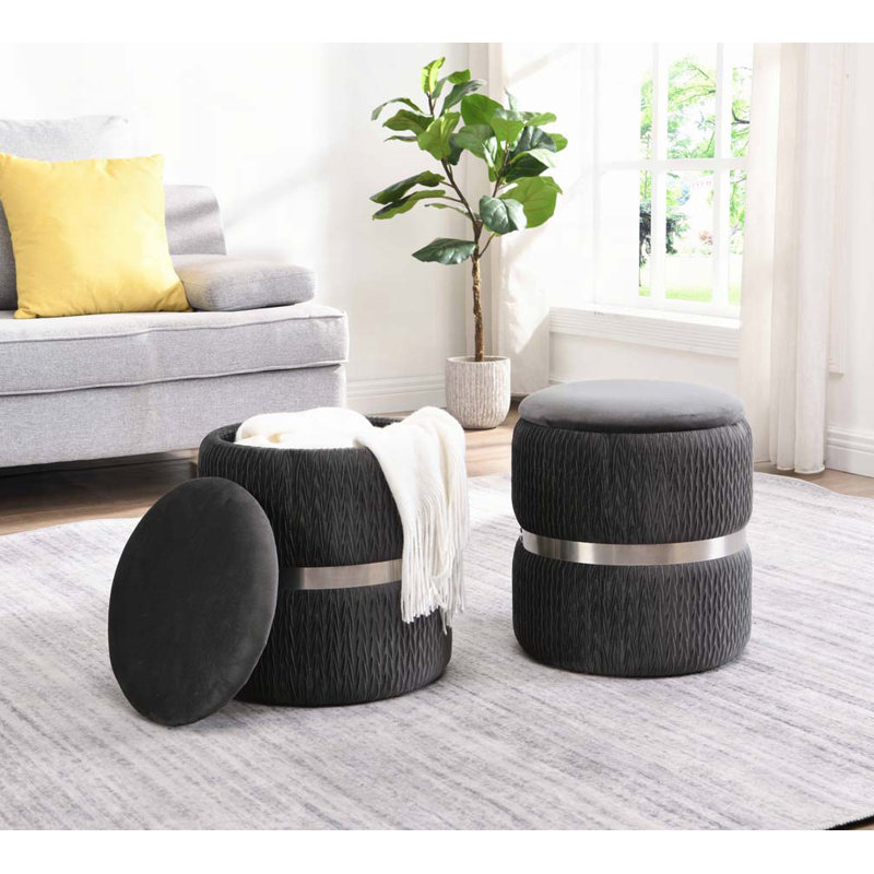 Velvet Round Ottoman with Storage, Grey/Silver