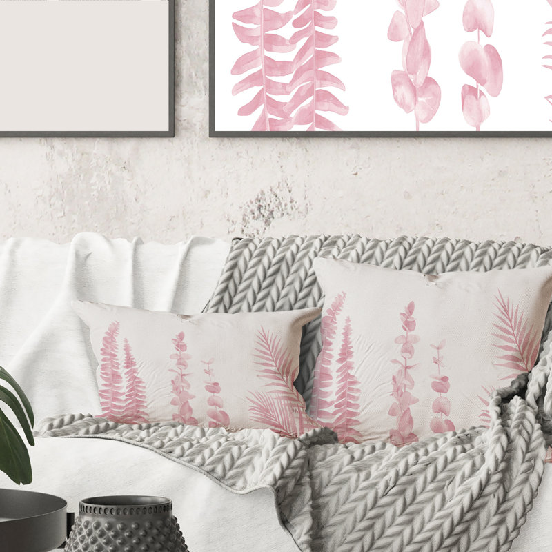 Carré, rosé, rose eucalyptus et branches de palmier - coussin décoratif à imprimé Shabby Elegance, 16" x 16"
