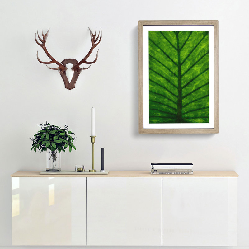 Green Leaf Lines - Single Picture Frame Painting on MDF, Oak Framed, 63cm H x 45cm W x 2cm D
