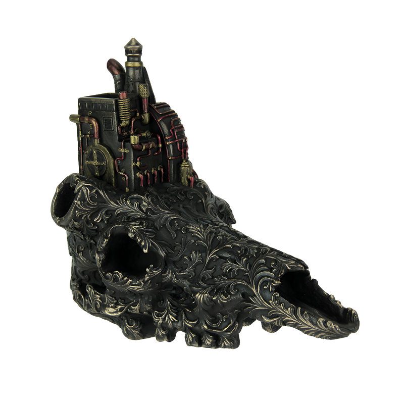 Statue de crâne de taureau en résine coulée à froid, style steampunk industriel, finition bronze antique, 18 cm de hauteur