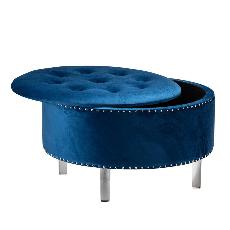 Repose-pieds rond avec rangement en velours Aula, Velours bleu