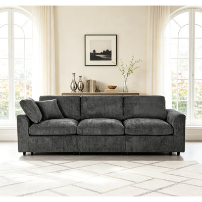 Canapé modulaire moderne en chenille de 101 po avec 2 coussins décoratifs, canapé rembourré à 3 places et siège profond avec structure en bois massif pour salon, appartement et chambre à coucher