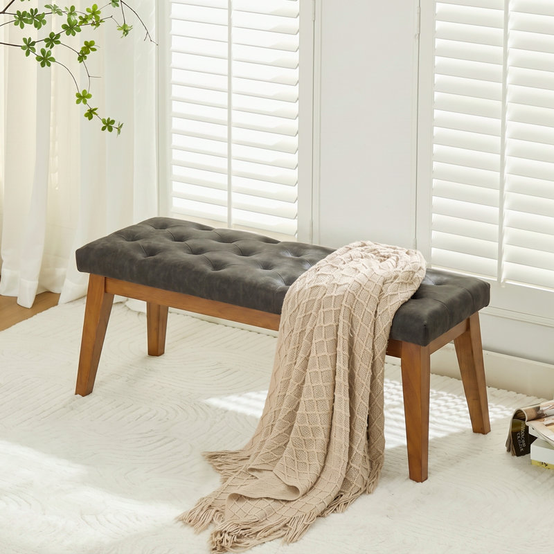 43.3'' W Tufted Faux Leather Upholstered Bench with Solid Wood Legs, Charcoal Gray