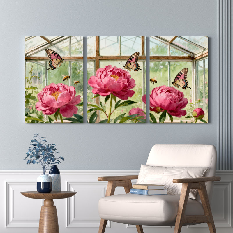 Ensemble de 3 tableaux sur toile tendue représentant des pivoines roses et des papillons dans une serre, H 24 po x l 48 po