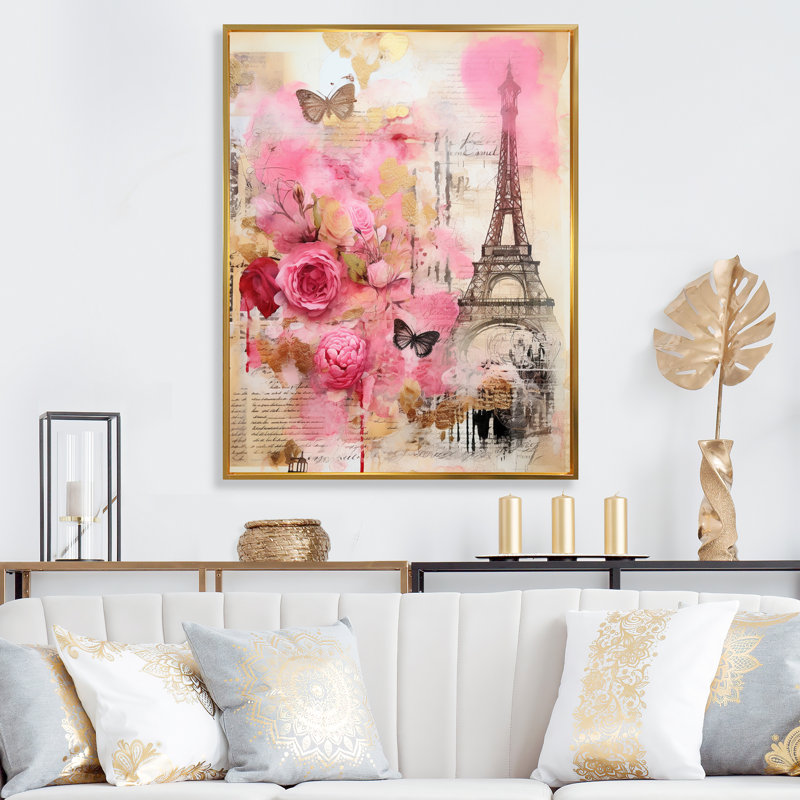 «Pink Blossoming Spring in Paris Vintage Collage I», reproduction sur toile, Cadre flottant doré, H 32 po x l 24 po x P 1 po