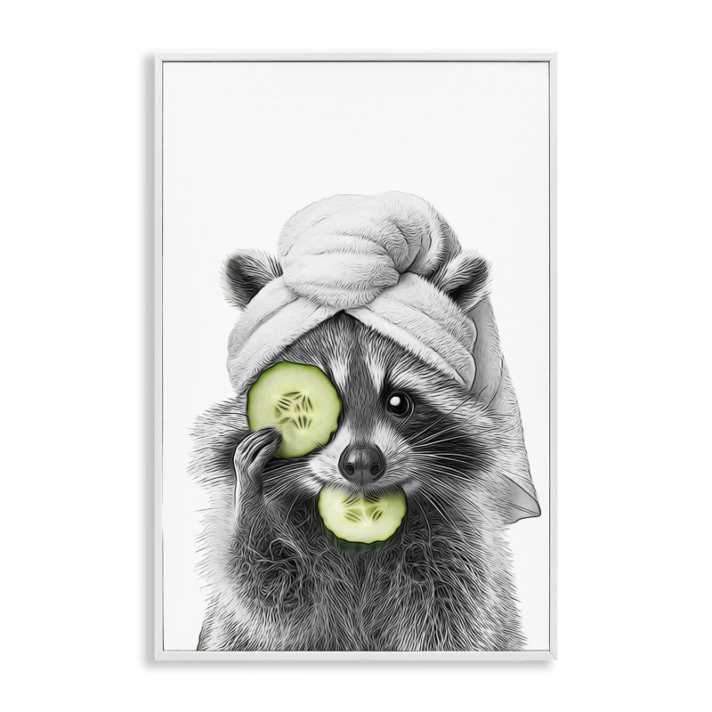 «Raccoon Spa Day», estampe numérique par Annalisa Latella, Giclée encadrée blanc bord de mer, H 30 po x l 20 po