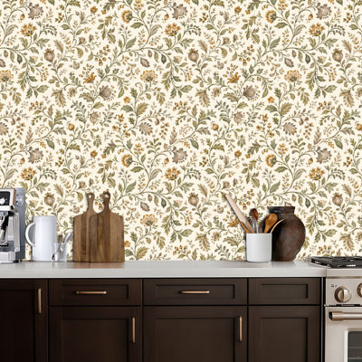 Papier peint adhésif à motif floral, feuilles d'arbre brun, feuilles de contact et papier adhésif amovible, décoration murale pour armoires de cuisine de chambre à coucher 17,7 po x 118 po