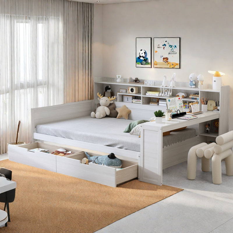 Multifunctional Wooden Daybed With Storage Shelves, Study Desk And 2 Drawers, Antique White, Full