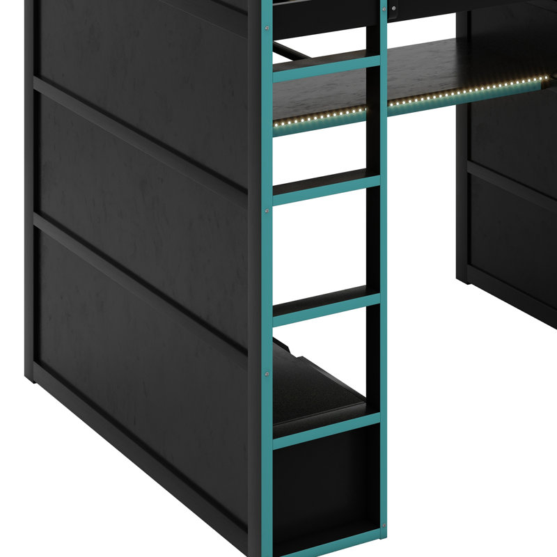 Wood Loft Bed With Desk,Wardrobe,Ample Storage Space,And RGB LED Light, Cloud Blue