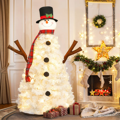 Arbre de Noël illuminé 4 pi avec 100 lumières, arbre de Noël artificiel en forme de bonhomme de neige, arbre de Noël avec 380 branches, décoration de fête en PVC à l'intérieur et à l'extérieur