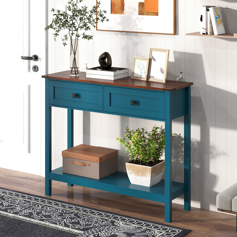 Farmhouse Style Console Table with 2 Drawer and Bottom Storage Shelf for Entryway, Rustic Side Table with Storage Drawer and Shelf for Living room, Hallway(Pagoda Blue)