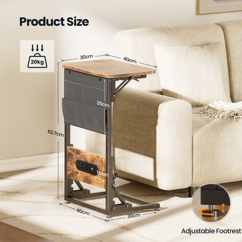 Folding Side Table with Charging Station, C-Shaped End Table with Storage Pockets,Scratch-resistant and Waterproof Panel.Multi-functional Nightstand for Sofa Bed Side, Easy to Store, White/Black/Brown/Grey