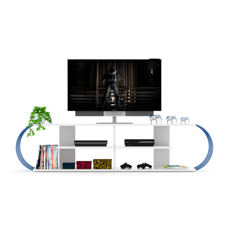 Meuble télé 68 po avec 4 tablettes ouvertes, unité de divertissement moderne Mid-Century en blanc et bleu, tablettes blanc-bleu de 68 po