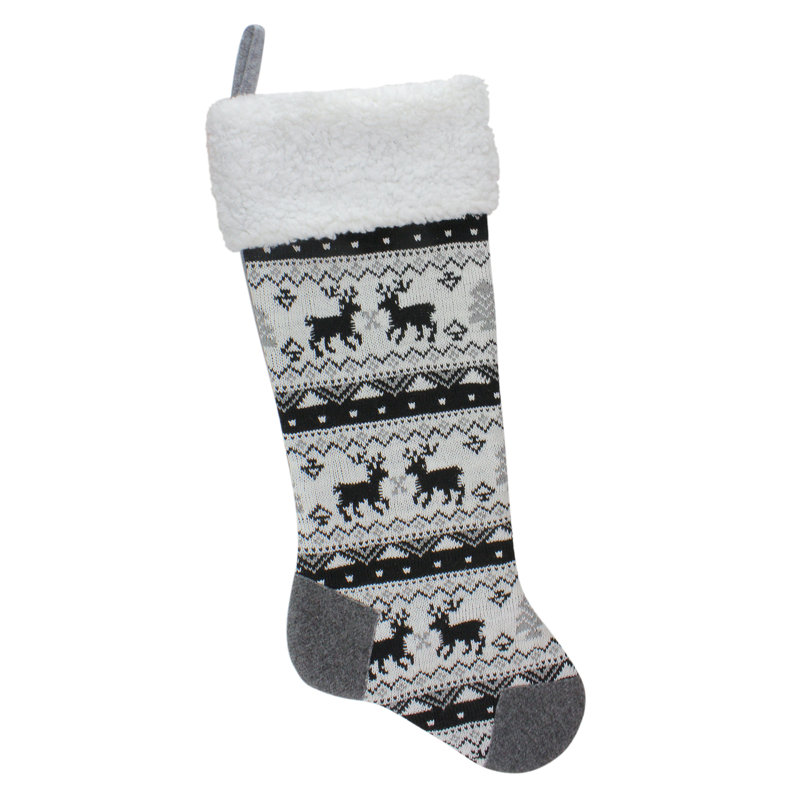 21" Black Gray and White Knit Christmas Stocking with Sherpa Cuff