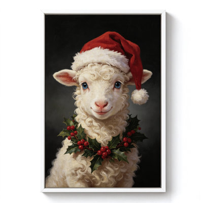 Agneau de Noël coiffé d'un bonnet de père Noël et orné d'un collier de houx, tableau sur toile encadré, cadre blanc, 50 x 75 cm