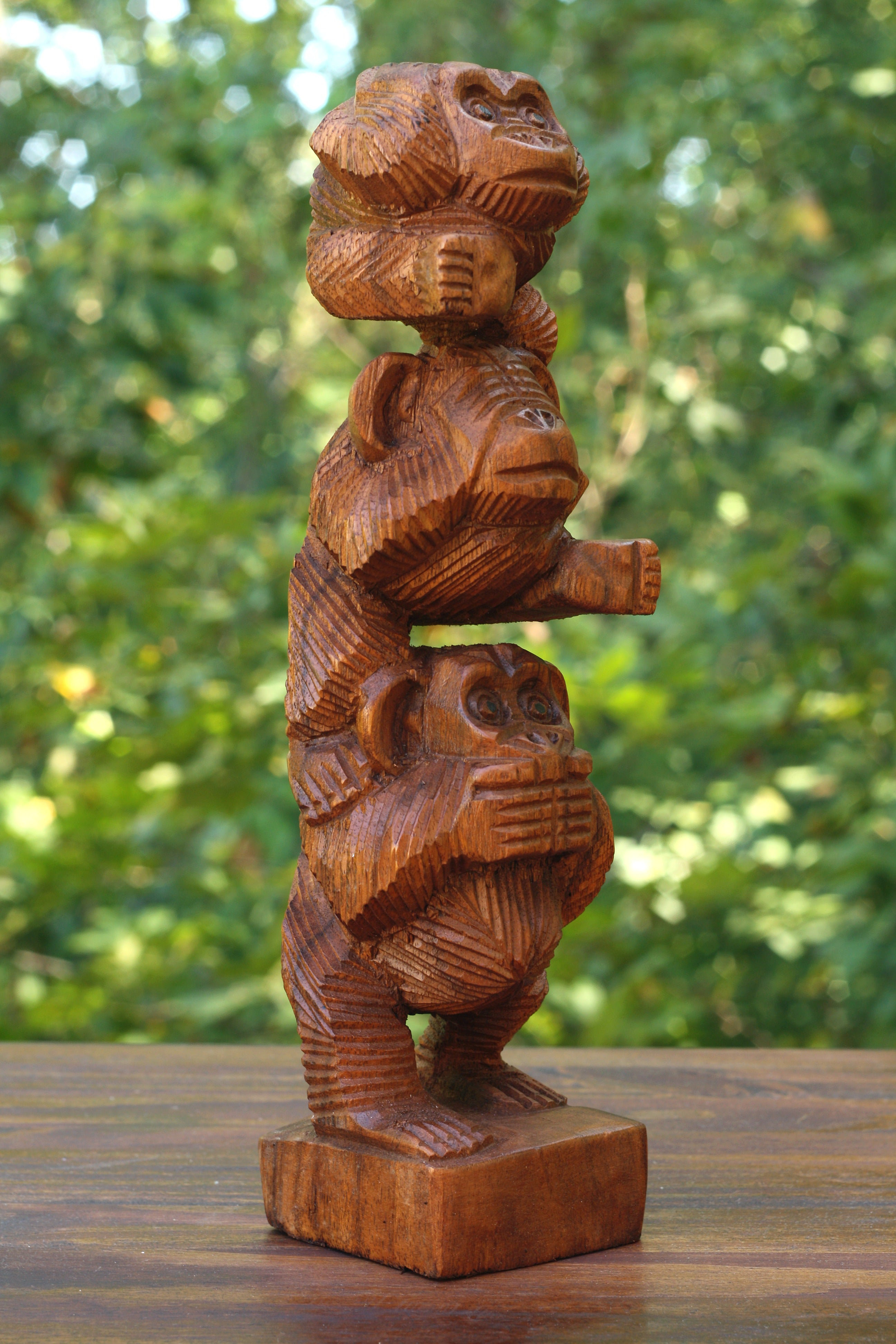 Bungalow Rose Mikael Wooden Hand Carved Stacked 3 Monkeys See, Hear ...