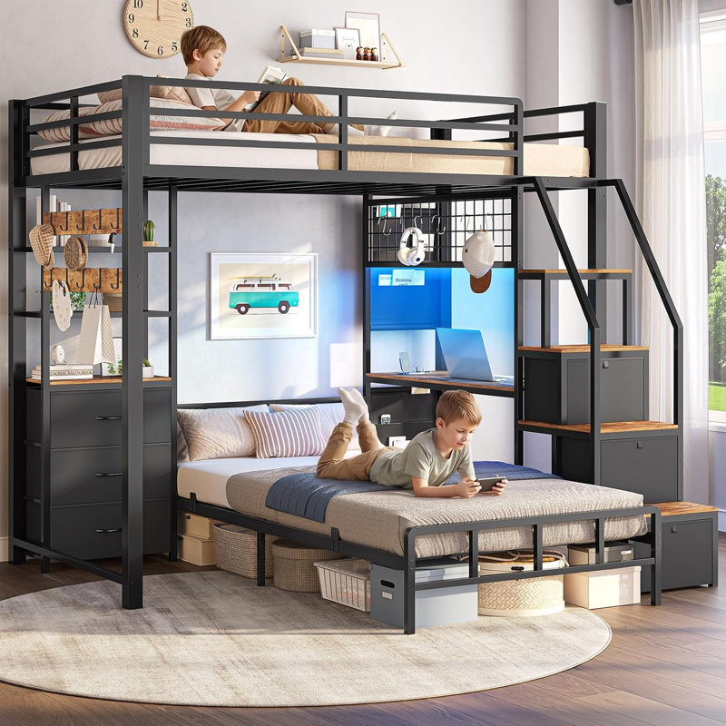 Lit superposé simple au-dessus de simple avec bureau et 6 tiroirs de rangement Lit mezzanine en métal avec tige de suspension et sac de rangement latéral, peu encombrant, noir et brun