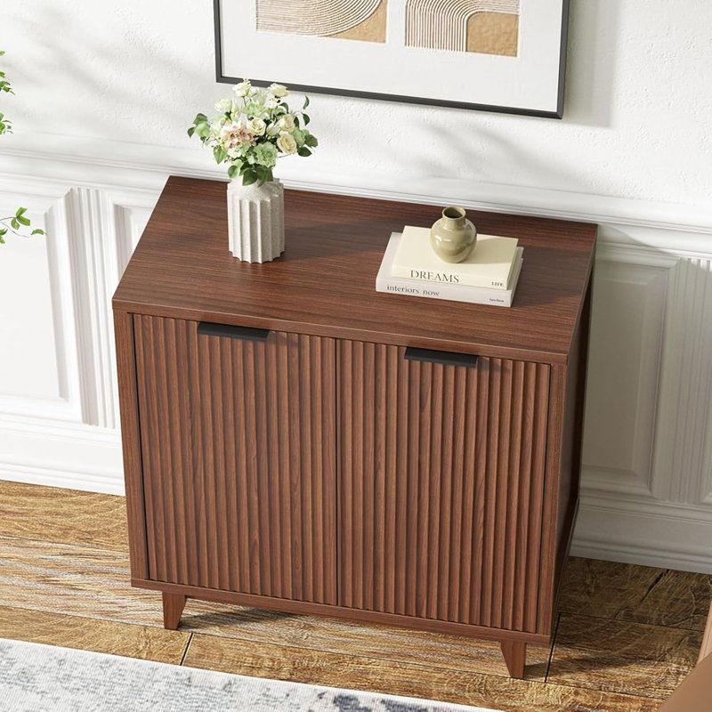 Buffet à 2 portes cannelées, rangement décoratif Mid-Century avec tablettes réglables