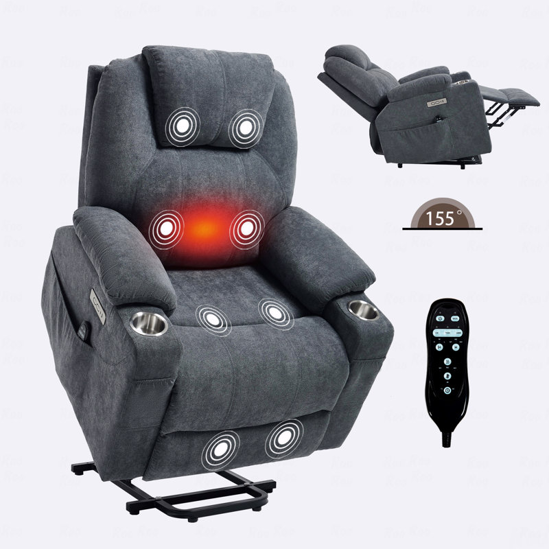 Fauteuil inclinable en polyester avec fonction Power Lift, mécanisme de mouvement robuste avec vibration à 8 points avec fonction de massage et soutien lombaire avec fonction de chauffage, avec port USB et ports de type C, acier inoxydable avec porte-gobelets