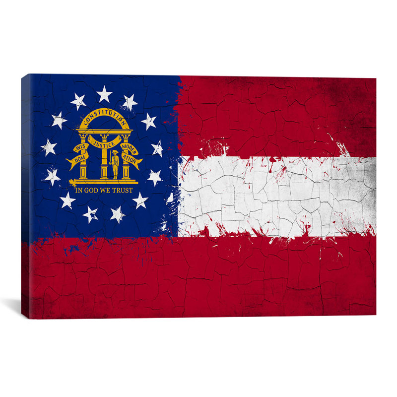 « georgia flag, grunge painted », impression sur toile, H 24 po x l 32 po x P 1 po, Papier d'art encadré noir, Blanc