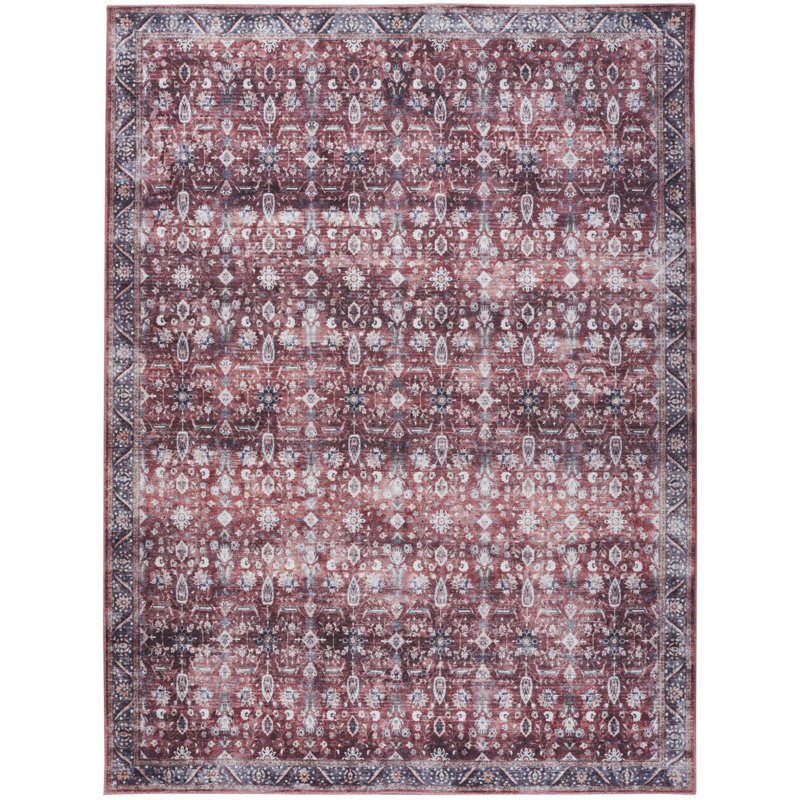 Tapis oriental rouge et ivoire délavé et tissé à la machine 5 pi x 7 pi
