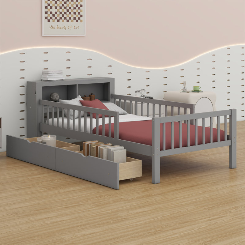 Lit avec support de tête de lit, deux tiroirs sous le lit, trois barrières de sécurité pour plus de sécurité, Gris