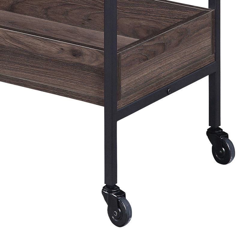 Chariot de cuisine en noyer et noir avec 2 tablettes, porte-gobelet, dessus, pour un espace repas élégant, pièce à plateau lisse