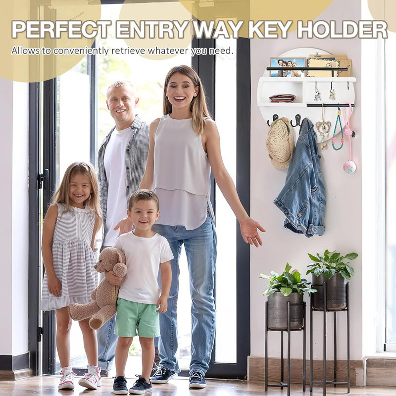 Key Holder Wall Mount, Wooden Key Mail Holder Decorative Round Key Rack With Shelf Key Organizer With Storage Box Sunglasses Hanger Multi Hooks For Entryway Hallway Doorway White