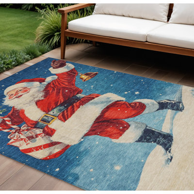 Tapis lavable intérieur/extérieur de 3 m x 4,2 m (10 pi x 14 pi) à motif Père Noël bleu, rouge, blanc, vert et or