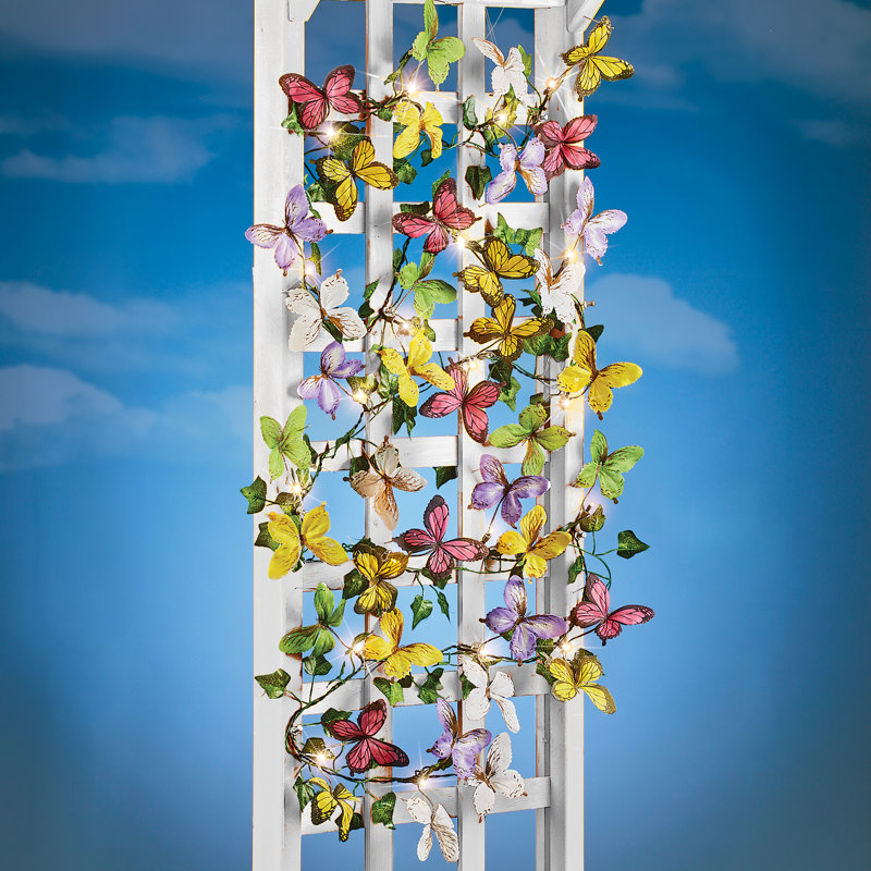 Solar LED Lighted Multicolor Butterfly Garland with Greenery, 116"