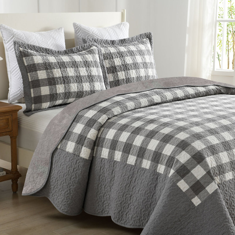 Ensemble de couvre-lit 3 pièces 3 pièces, Courtepointe pour très grand lit et 2 taies déco, Carreaux gris