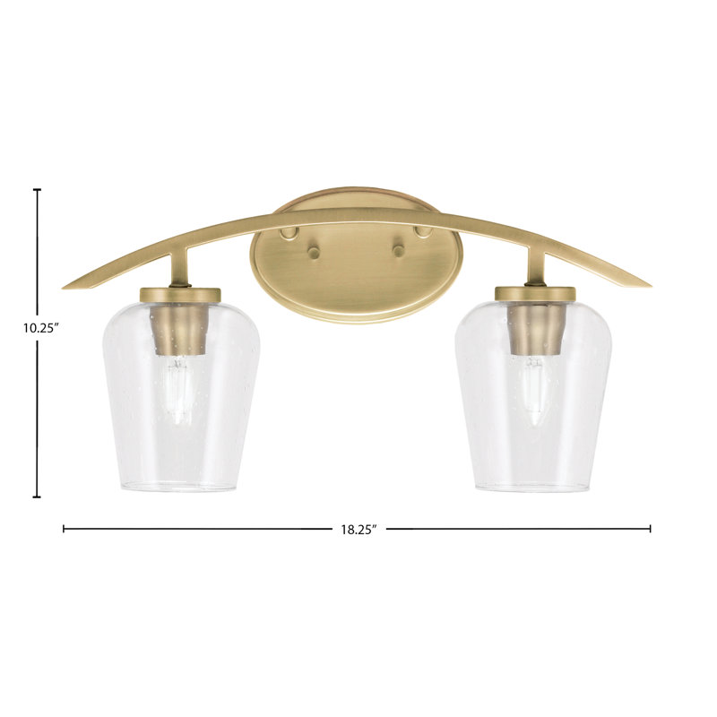 Barre d'éclairage de salle de bain 2 lumières kurve au fini laiton nouvel âge avec verre à bulles transparent de 5 po