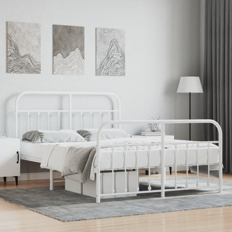Brender Metal Bed Frame with Headboard & Slats, No Mattress, Easy Assembly, White, Full / Double