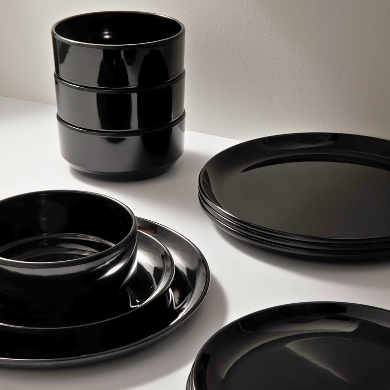 Stacking Melamine 12 Piece Dinnerware Set, Service For 4, Black