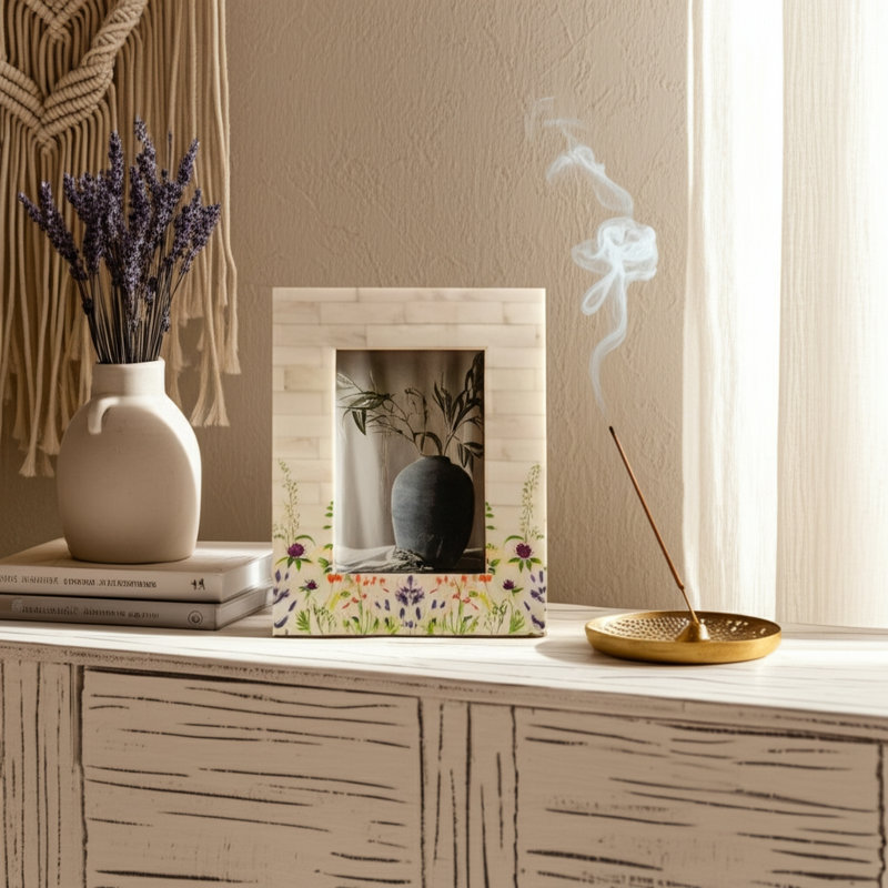 Boho Wood and Resin Photo Frame with MDF and Polyresin Construction., 9"H x 1"W x 1"D