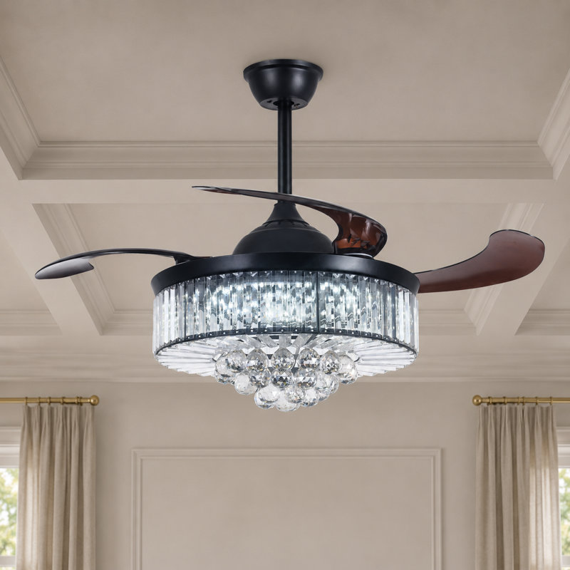 Ventilateur de lustre en cristal rétro avec télécommande et tringle suspendue réglable en température de trois couleurs convenant au salon, à la chambre à coucher et à la pièce.