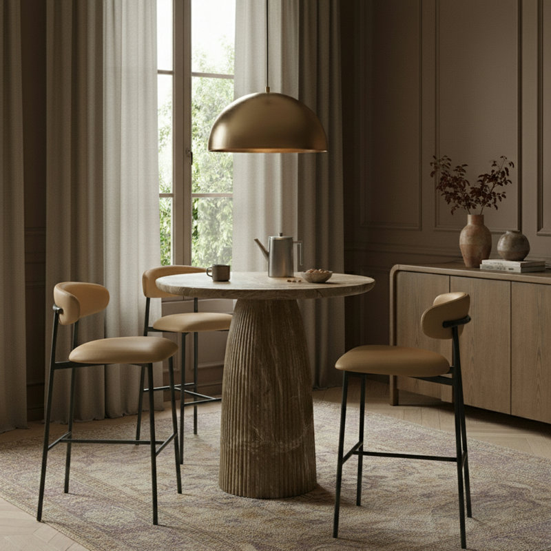 Tabouret de bar rembourré en cuir Lupita, Noir mat, Cuir brun clair végétalien