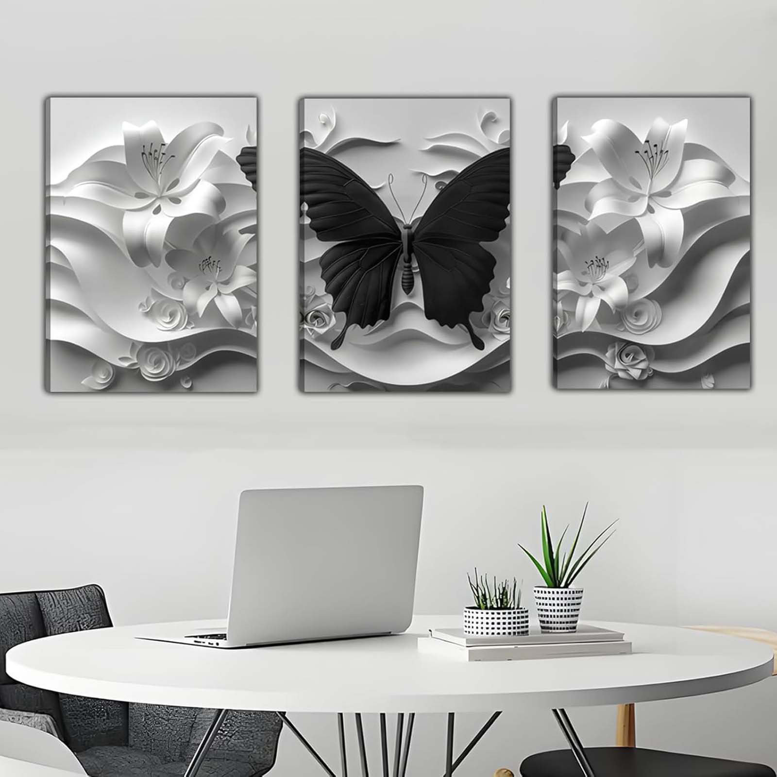 August Grove 2D Black Butterfly Wall Art Set Of 3 White Flowers Picture ...