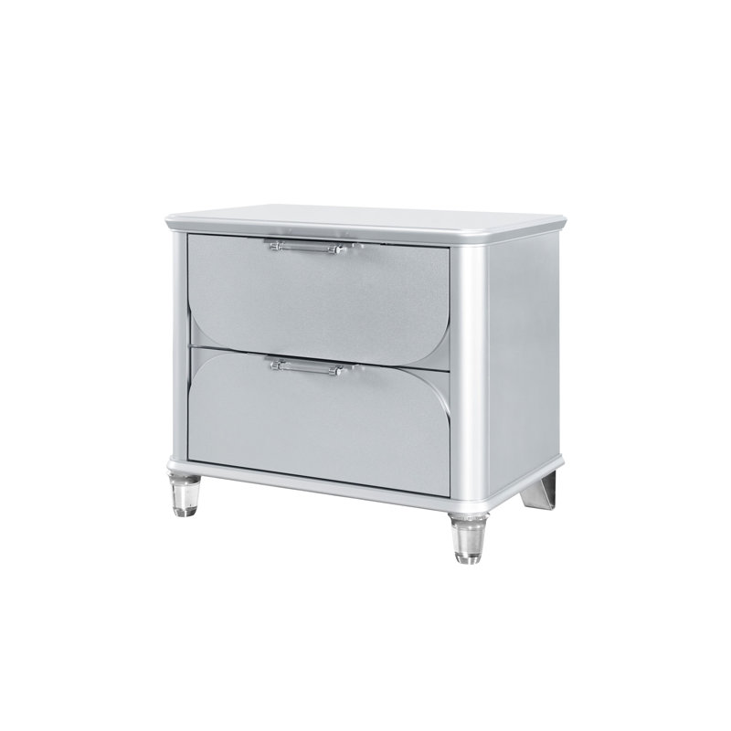 Square Bedroom Nightstand In Silver With Spacious Drawer Configuration And Style Textured Options