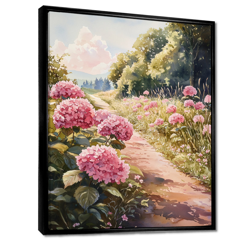 Hortensias dans une allée de campagne II - hydrangées, art mural, Noir, Reproduction avec cadre flottant, H 20 po x l 12 po