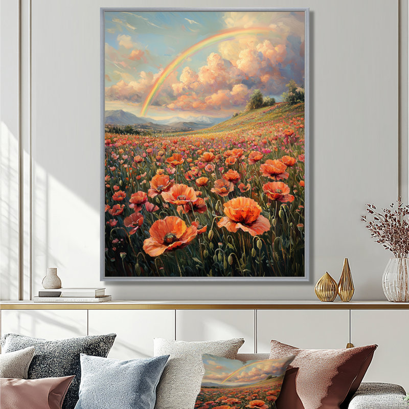 Rainbow Over The Poppy Fields I - Art mural arc-en-ciel, H 44 po x l 34 po, Impression encadrée sans passe-partout