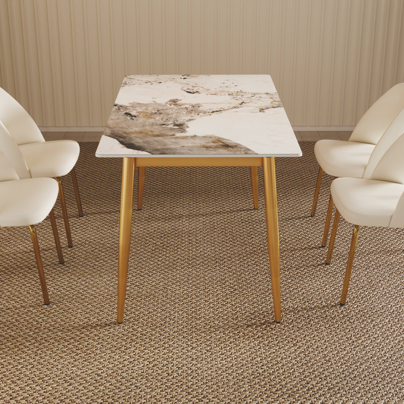 Table de salle à manger moderne à 4 pieds avec plateau en pierre frittée, Pandora / or