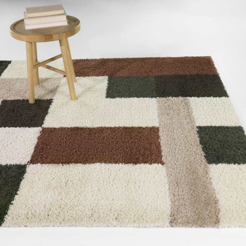 Martha Green/Rust Color Block Shag Area Rug, Rectangle 5'3" x 7'
