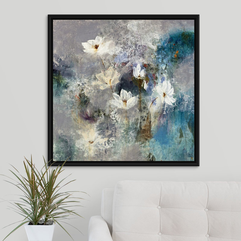 « gathering lilies », peinture sur toile, H 31,7 po x l 31,7 po x p 1,75 po, Cadre flottant noir